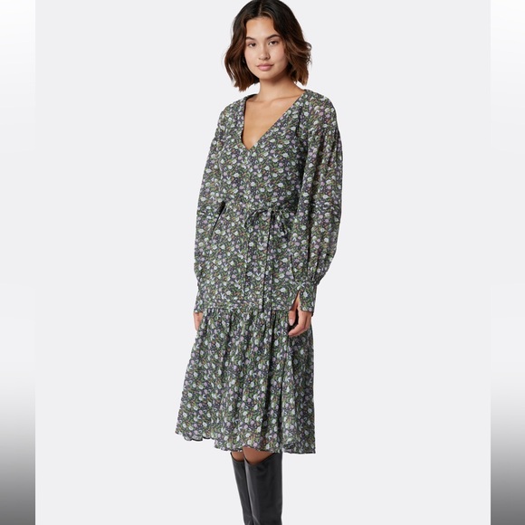 Joie Gabrielle Midi Cotton Tiered Skirt Balloon Sleeves Belted V Neck Dress sz 4 - Picture 1 of 17